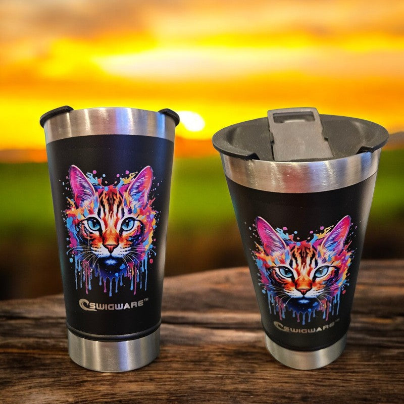 Colorful Cat Kitten 16 oz Double Walled Stainless Steel Beer Pint with Bottle Opener Built in Black