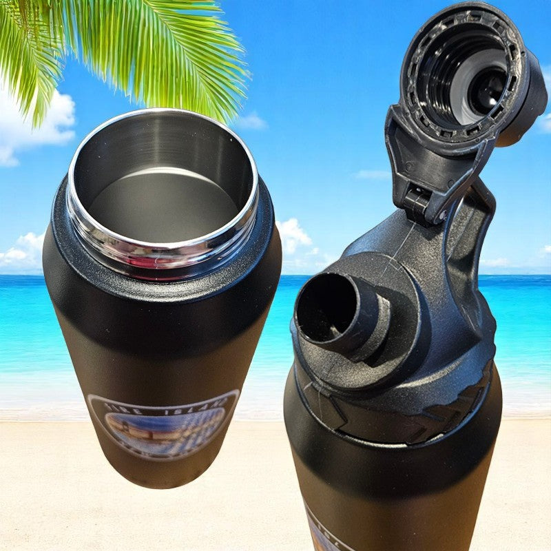 Fire Island NY 950 ml Large Capacity Stainless Steel Vacuum Cup, Portable Handle, Sports Water Bottle Black
