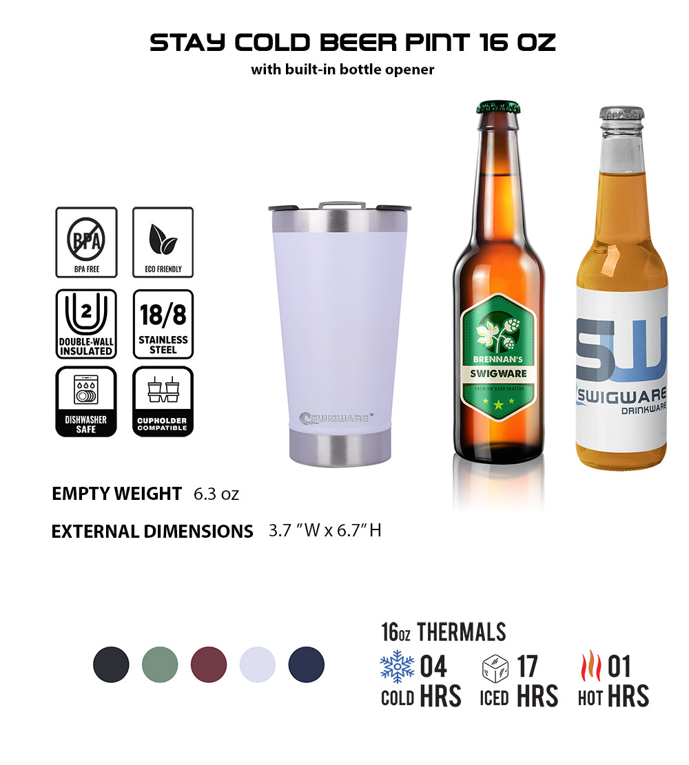 16 oz Double Walled Stainless Steel Beer Pint with Bottle Opener Built in