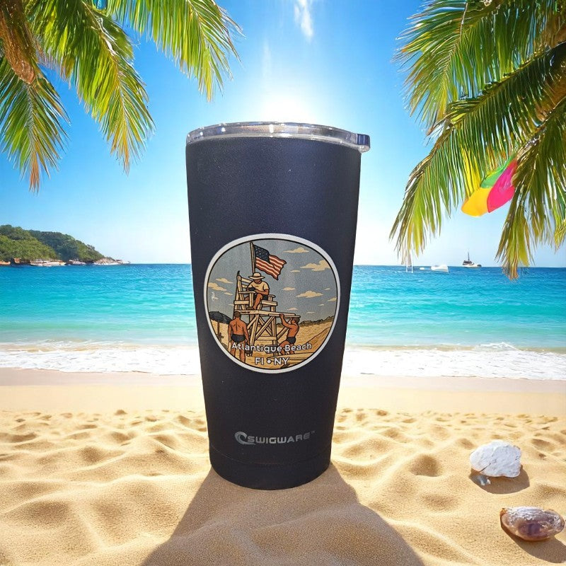 Atlantique Beach Fire Island Life Guard Stand 2008 20 oz Stainless Steel Tumbler Blue Keeps Hot Keep Cold