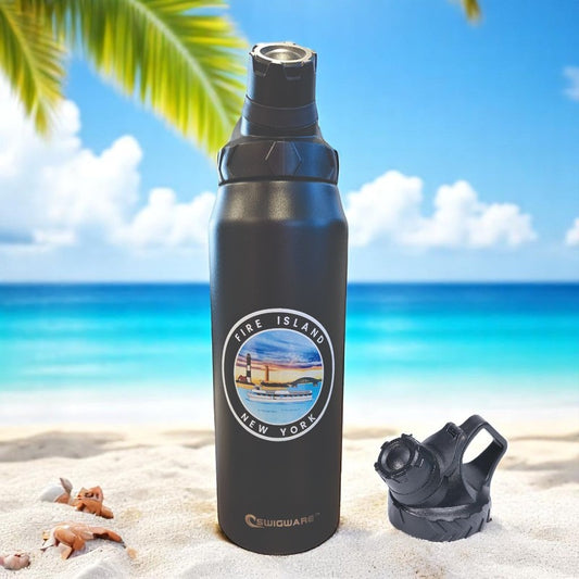 Fire Island NY 950 ml Large Capacity Stainless Steel Vacuum Cup, Portable Handle, Sports Water Bottle Black