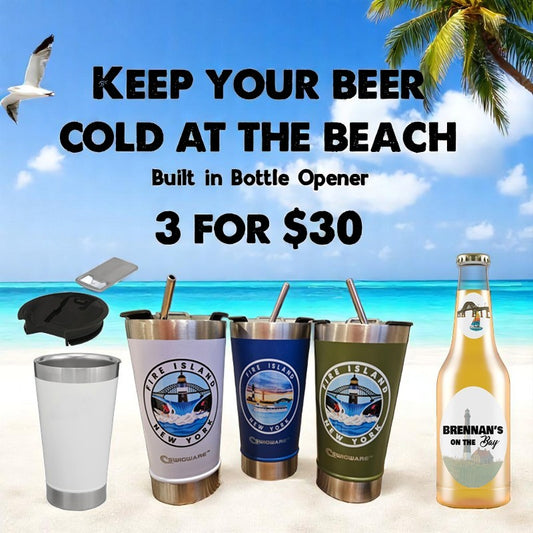 Fire Island Lighthouse Bridge 16 oz Double Walled Stainless Steel Beer Pint 3 Included with Bottle Opener Built in White Blue Green