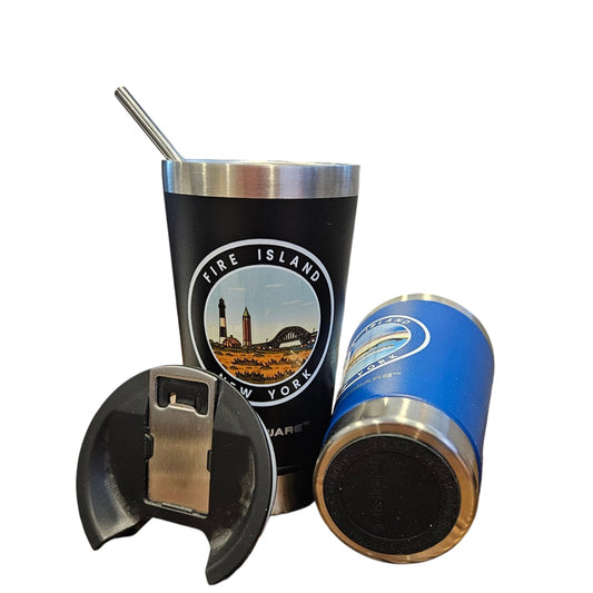 Fire Island Lighthouse Bridge 16 oz Double Walled Stainless Steel Beer Pint with Bottle Opener Built in Black