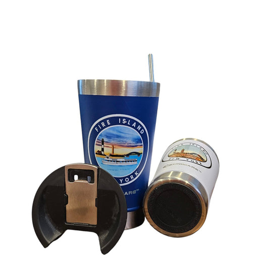Fire Island Lighthouse Bridge 16 oz Double Walled Stainless Steel Beer Pint with Bottle Opener Built in Blue