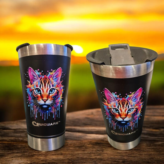 Colorful Cat Kitten 16 oz Double Walled Stainless Steel Beer Pint with Bottle Opener Built in Black
