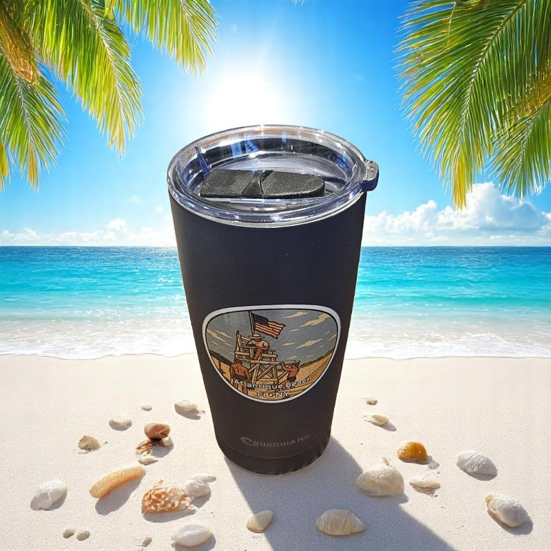 Atlantique Beach Fire Island Life Guard Stand 2008  20 oz Stainless Steel Tumbler Blue Keeps Hot Keep Cold