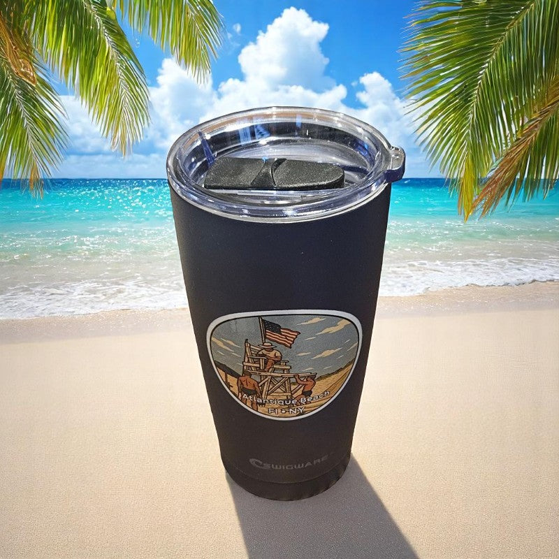 Atlantique Beach Fire Island Life Guard Stand 2008  20 oz Stainless Steel Tumbler Blue Keeps Hot Keep Cold