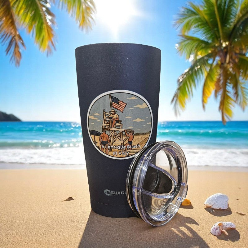 Atlantique Beach Fire Island Life Guard Stand 2008  20 oz Stainless Steel Tumbler Blue Keeps Hot Keep Cold